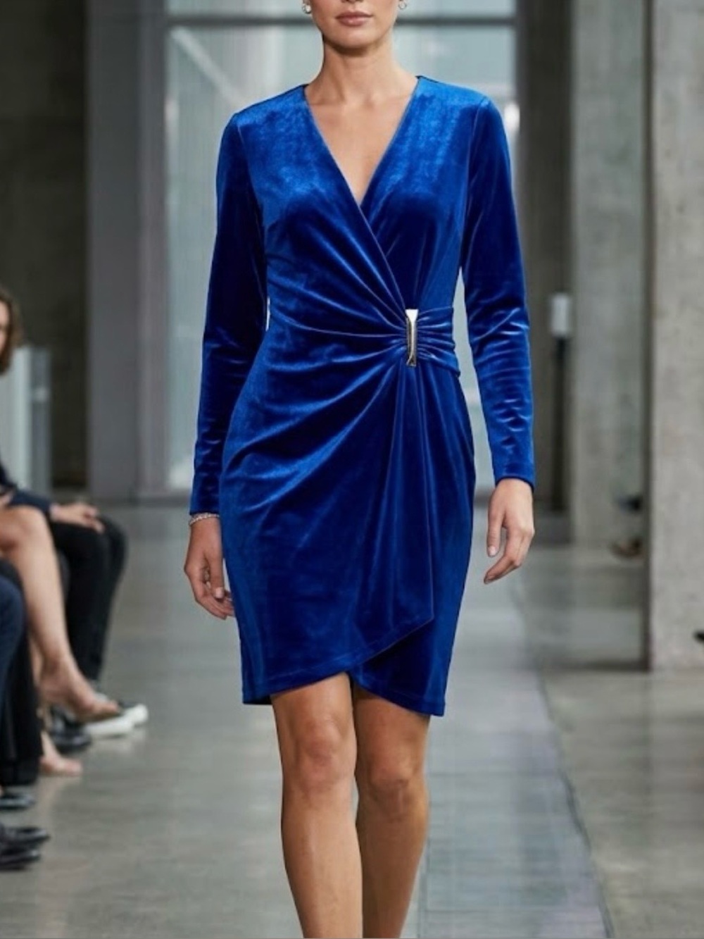 Calvin Klein Royal Blue Velvet Wrap-Front Long Sleeve Dress